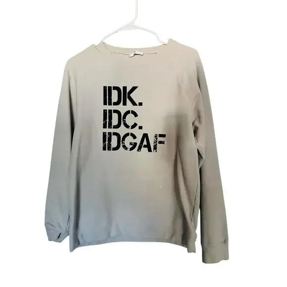 SHESHOW Cream White Black IDK IDC IDGAF Block Letters Long Sleeve Sweatshirt M - Picture 4 of 10